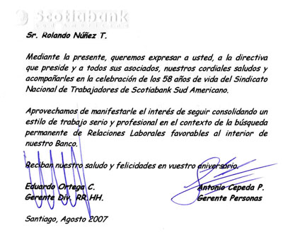 Tarjeta de saludo de parte de la administracin del Scotiabank